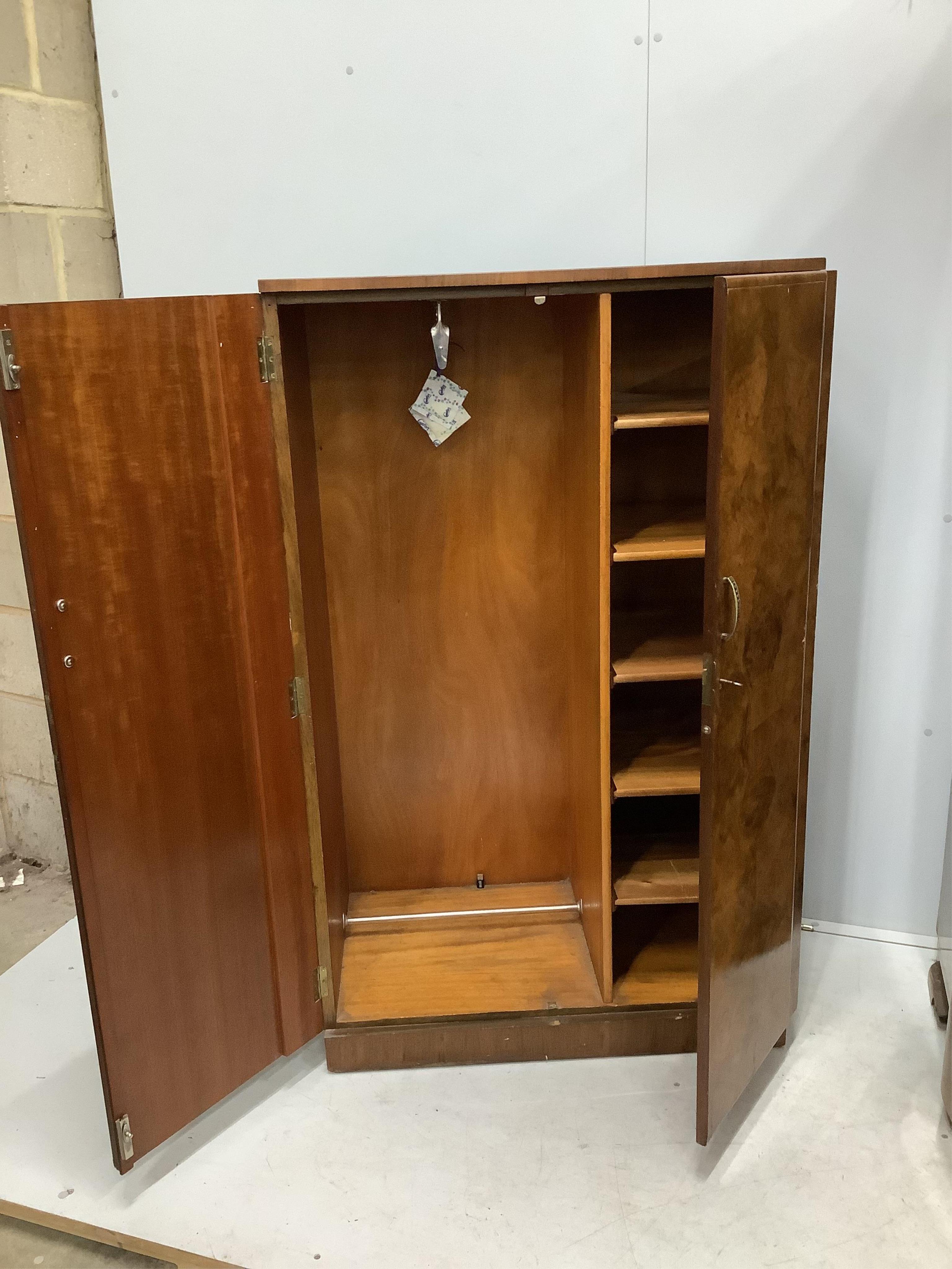 An Art Deco style walnut wardrobe and a gentleman's wardrobe, larger width 124cm, depth 52cm, height 194cm. Condition - fair